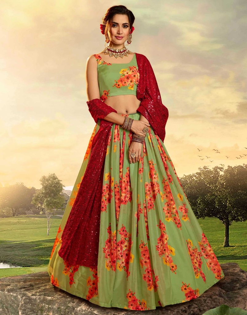 Green Organza Floral Print Lehenga Choli