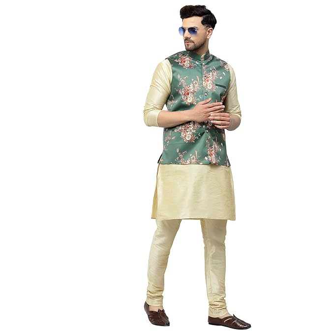 Men's Gold Kurta Pyjama & Printed Nehru Jacket Set.