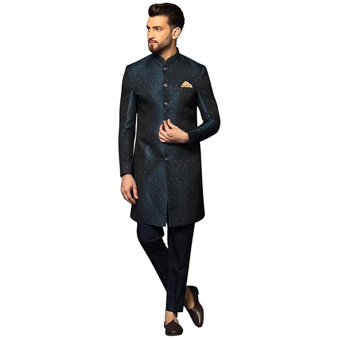 Men Textured Silk Blend Jacquard Kurta Indowestern Churidar Set with Geometric Pattern