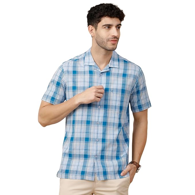 Linen Club Men's Blended Linen Blue Checked Contemporary Fit Half Sleeve Casual Shirt