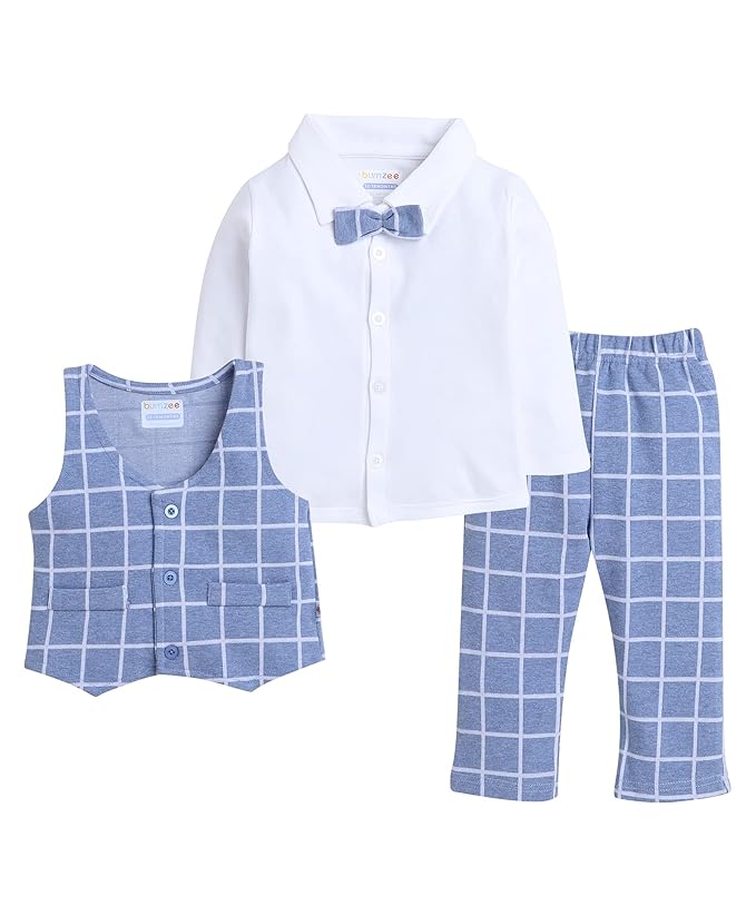 Beige & Navy Boys Full Sleeves Shirt Waistcoat & Pant Set with Applique Bow