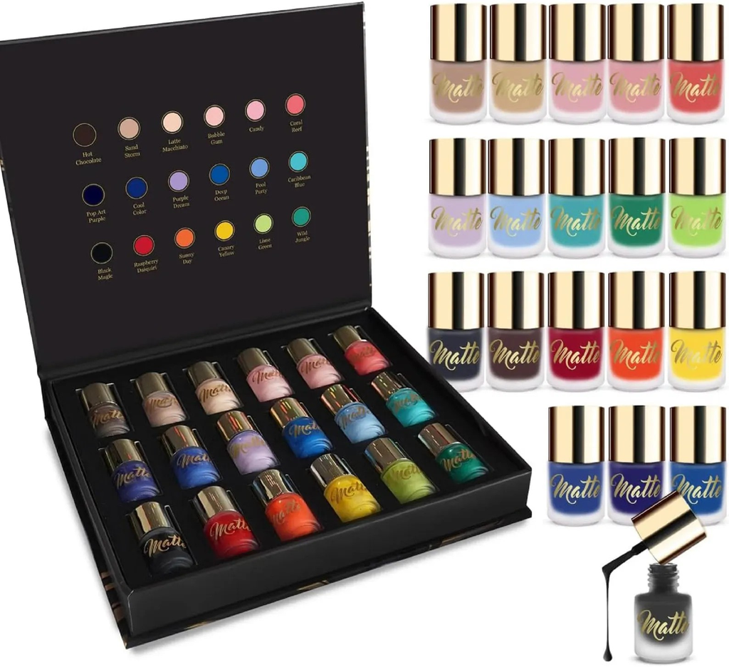 Matte Nail Polish Set 18 Nail Polish 18 Different Shades Luxury Black & Gold Box